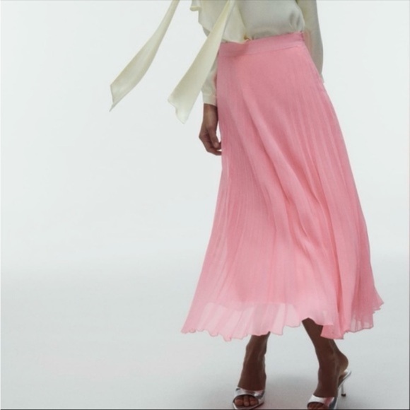 Zara Coral Pink Pleated Midi Skirt - Picture 1 of 8